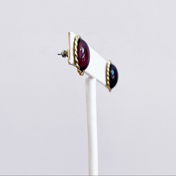 Gold Tone Twist Oval Faux Purple Cabochon Earrings - Picture 7 of 7